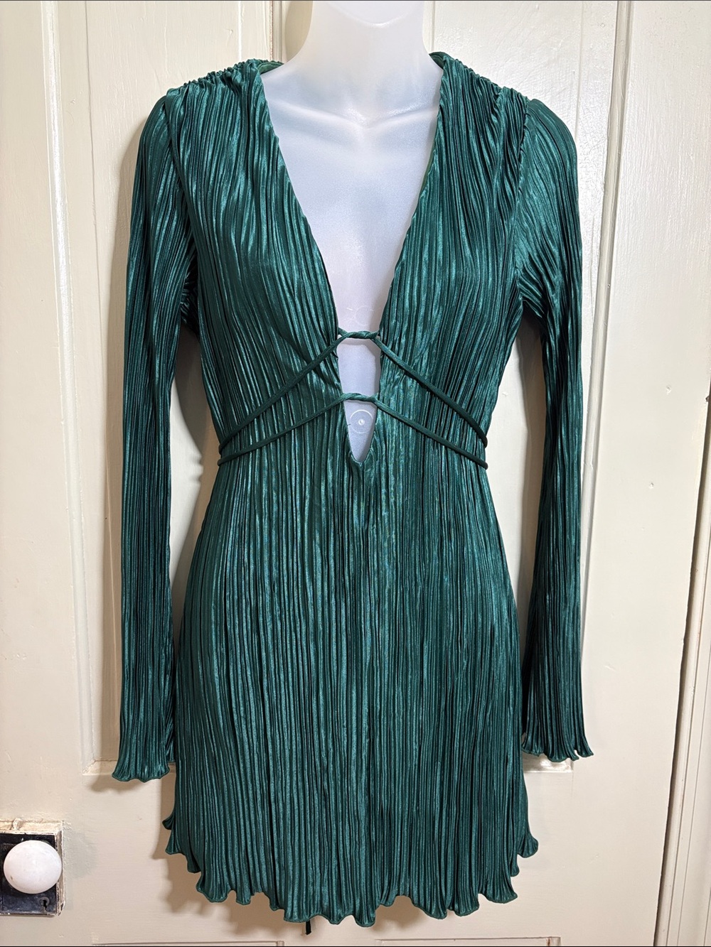 Hello Molly- Emerald Green Plunging V-Neck Long Sleeve Mini Dress
